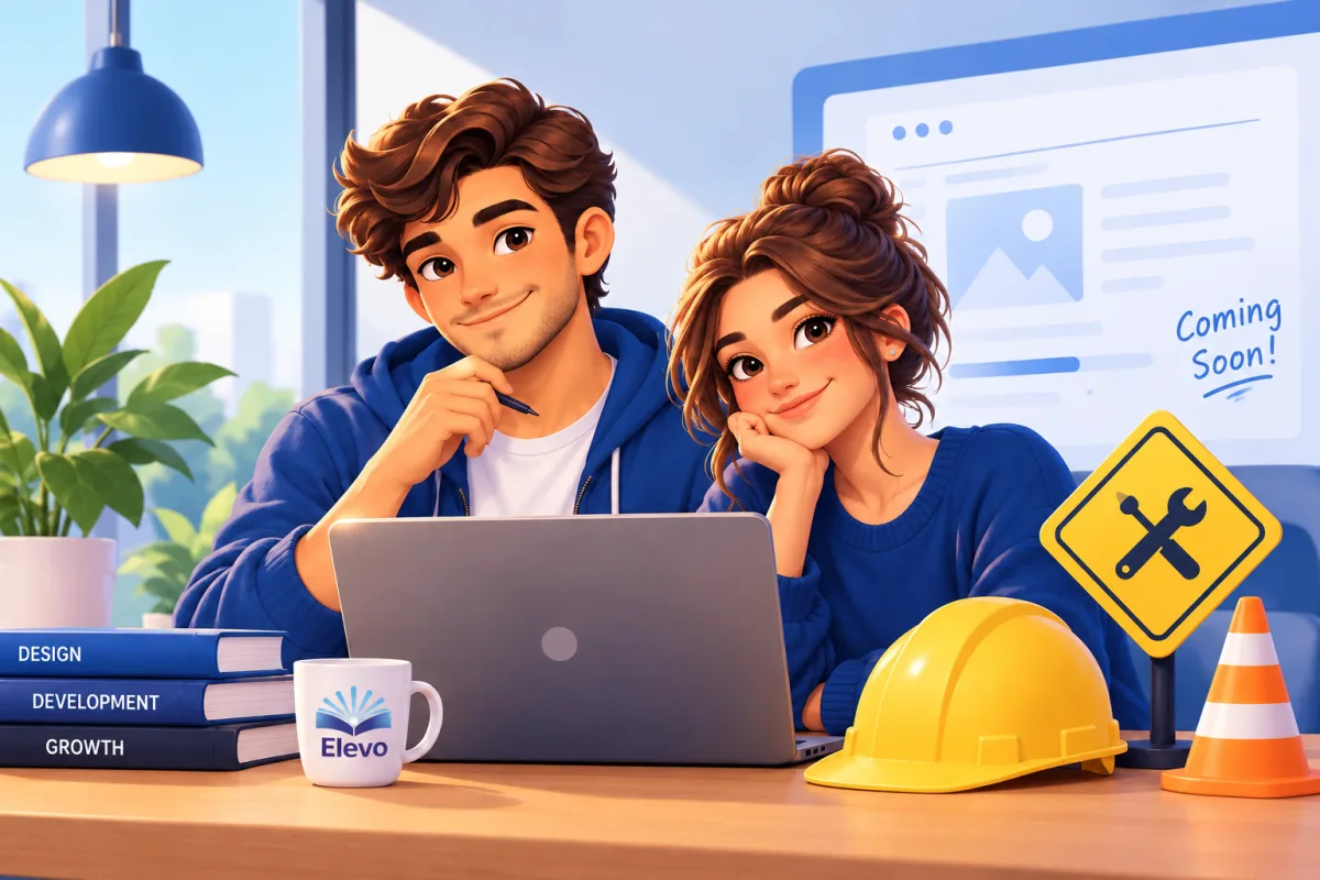 Two members of the Elevo team at a desk with a laptop, a hard hat and a Coming Soon sign